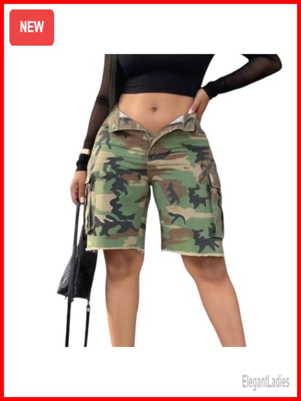 Army Fatigue Camo Cargo Bermuda Shorts High Waisted Stretchy Baggy